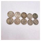10 WWII Jefferson War Nickels – 35% Silver – Mixed 1943-1945 P/D/S Lot – Approx. 0.563 Troy Oz Silver