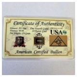 24K Gold American Certified Bullion Card – 1/4 Grain Pure Gold Collector Piece – Certified in USA