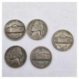 5 Silver War Nickels. Total coin weight: 25 grams– 1940s Jefferson Nickels – 35% Silver WWII Era Coin Lot
