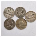 5 Silver War Nickels. Total coin weight: 25 grams– 1940s Jefferson Nickels – 35% Silver WWII Era Coin Lot