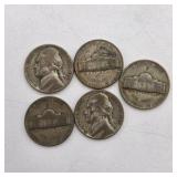 5 Silver War Nickels. Total coin weight: 25 grams– 1940s Jefferson Nickels – 35% Silver WWII Era Coin Lot