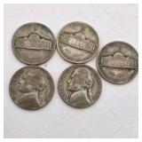 5 Silver War Nickels. Total coin weight: 25 grams– 1940s Jefferson Nickels – 35% Silver WWII Era Coin Lot