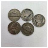 5 Silver War Nickels. Total coin weight: 25 grams– 1940s Jefferson Nickels – 35% Silver WWII Era Coin Lot