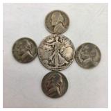 90% Silver Walking Liberty Half Dollar + 4 Silver War Nickels – Old U.S. Silver Coin Lot