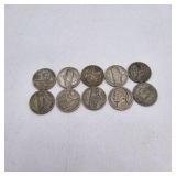 10 WWII Jefferson War Nickels – 35% Silver – Mixed 1943-1945 P/D/S Lot – Approx. 0.563 Troy Oz Silver
