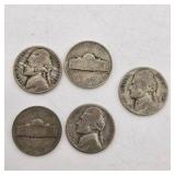 5 Silver War Nickels. Total coin weight: 25 grams– 1940s Jefferson Nickels – 35% Silver WWII Era Coin Lot