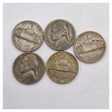 5 Silver War Nickels. Total coin weight: 25 grams– 1940s Jefferson Nickels – 35% Silver WWII Era Coin Lot