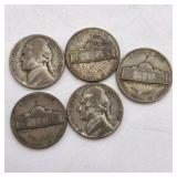 5 Silver War Nickels. Total coin weight: 25 grams– 1940s Jefferson Nickels – 35% Silver WWII Era Coin Lot
