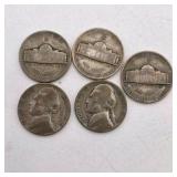 5 Silver War Nickels. Total coin weight: 25 grams– 1940s Jefferson Nickels – 35% Silver WWII Era Coin Lot