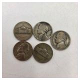 5 Silver War Nickels. Total coin weight: 25 grams– 1940s Jefferson Nickels – 35% Silver WWII Era Coin Lot