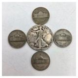 90% Silver Walking Liberty Half Dollar + 4 Silver War Nickels – Old U.S. Silver Coin Lot