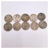 10 WWII Jefferson War Nickels – 35% Silver – Mixed 1943-1945 P/D/S Lot – Approx. 0.563 Troy Oz Silver
