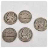 5 Silver War Nickels. Total coin weight: 25 grams– 1940s Jefferson Nickels – 35% Silver WWII Era Coin Lot
