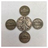 90% Silver Walking Liberty Half Dollar + 4 Silver War Nickels – Old U.S. Silver Coin Lot