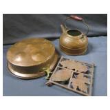 Copper Poaching Pan, Teapot, Trivet