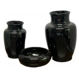 J6 - Vintage Roseville Pottery Black Glaze Vases & Bowl (Lot of 3)