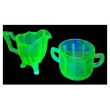 J5 - Vintage Depression-Era Green Uranium Glass Creamer & Sugar Bowl (Lot of 2)