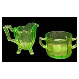J5 - Vintage Depression-Era Green Uranium Glass Creamer & Sugar Bowl (Lot of 2)