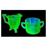 J5 - Vintage Depression-Era Green Uranium Glass Creamer & Sugar Bowl (Lot of 2)