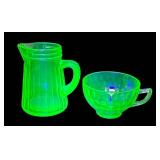 J5 - Vintage Uranium Green Depression Glass Syrup Pitcher & Federal Glass Thumbprint Teacup (Lot of 2)