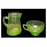 J5 - Vintage Uranium Green Depression Glass Syrup Pitcher & Federal Glass Thumbprint Teacup (Lot of 2)