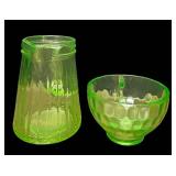 J5 - Vintage Uranium Green Depression Glass Syrup Pitcher & Federal Glass Thumbprint Teacup (Lot of 2)