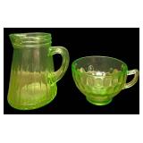 J5 - Vintage Uranium Green Depression Glass Syrup Pitcher & Federal Glass Thumbprint Teacup (Lot of 2)