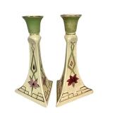 M1 - Antique Roseville Pottery Gold Traced Candlesticks Pair