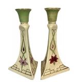 M1 - Antique Roseville Pottery Gold Traced Candlesticks Pair
