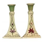M1 - Antique Roseville Pottery Gold Traced Candlesticks Pair