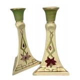 M1 - Antique Roseville Pottery Gold Traced Candlesticks Pair