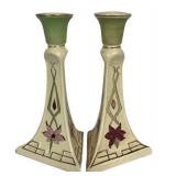 M1 - Antique Roseville Pottery Gold Traced Candlesticks Pair
