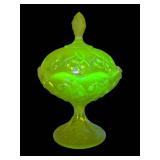 F2 - Fenton Vaseline Glass Covered Candy Dish Lily of the Valley