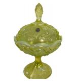 F2 - Fenton Vaseline Glass Covered Candy Dish Lily of the Valley