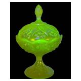 F2 - Fenton Vaseline Glass Covered Candy Dish Lily of the Valley