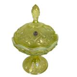 F2 - Fenton Vaseline Glass Covered Candy Dish Lily of the Valley