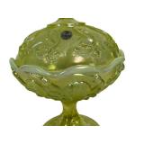 F2 - Fenton Vaseline Glass Covered Candy Dish Lily of the Valley