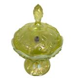 F2 - Fenton Vaseline Glass Covered Candy Dish Lily of the Valley