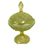 F2 - Fenton Vaseline Glass Covered Candy Dish Lily of the Valley