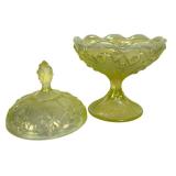 F2 - Fenton Vaseline Glass Covered Candy Dish Lily of the Valley