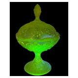 F2 - Fenton Vaseline Glass Covered Candy Dish Lily of the Valley