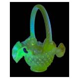 Vintage Fenton Vaseline Glass Hobnail Basket