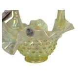 Vintage Fenton Vaseline Glass Hobnail Basket