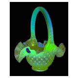 Vintage Fenton Vaseline Glass Hobnail Basket