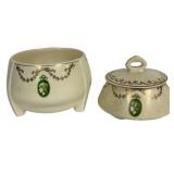 M3 - Antique Roseville Medallion Pottery Pin Holder & Covered Dish (Lot of 2)