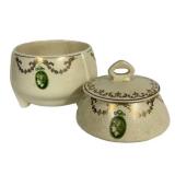 M3 - Antique Roseville Medallion Pottery Pin Holder & Covered Dish (Lot of 2)
