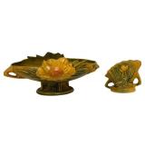 M3 - Vintage Roseville Pottery Peony Console Bowl & Floral Frog (Lot of 2)
