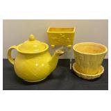 H4 - Vintage Usa Pottery Teapot, Baby Cradle Planter & McCoy Yellow Bamboo Planter