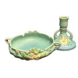 J3 - Vintage Roseville White Rose Bowl & Candle Holder