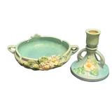 J3 - Vintage Roseville White Rose Bowl & Candle Holder